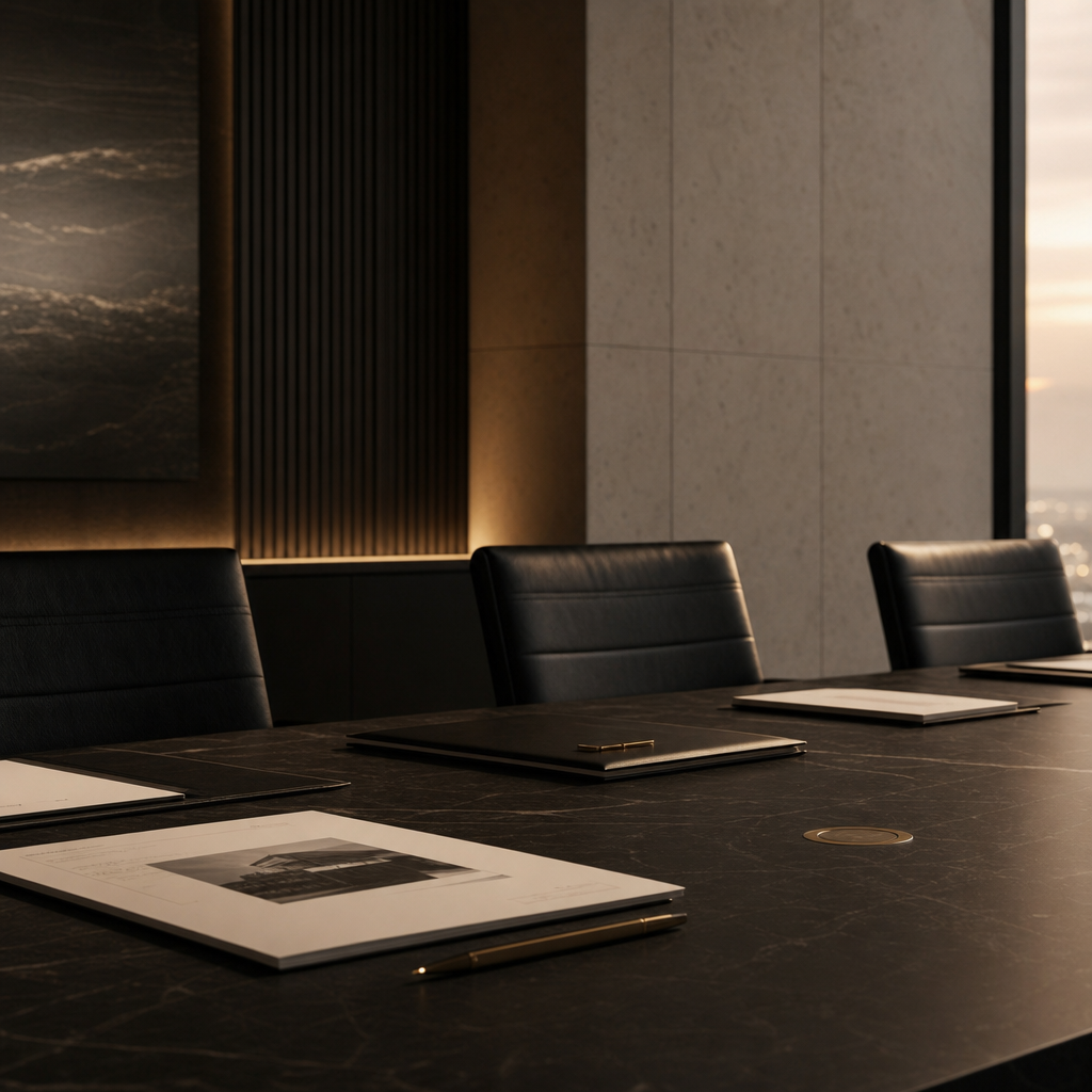 Close architectural-style scene of a premium boardroom table with documents, muted tones, and disciplined corporate atmosphere