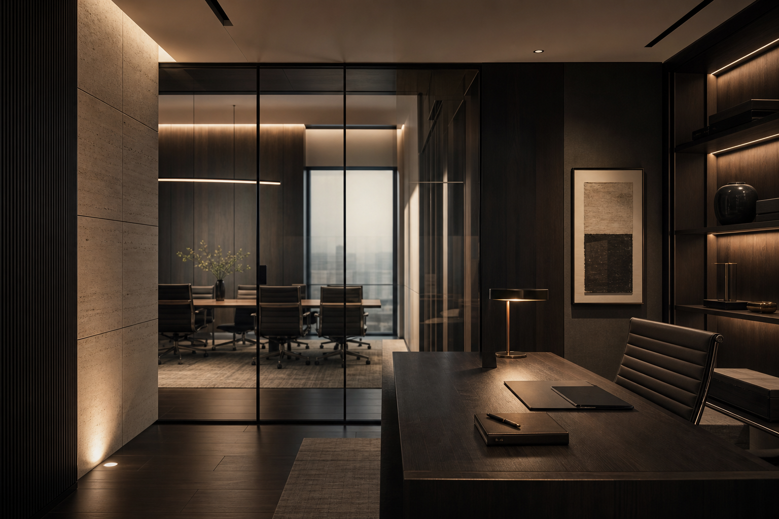 Editorial business environment with structured modern workspace, layered glass, and warm low-contrast evening light