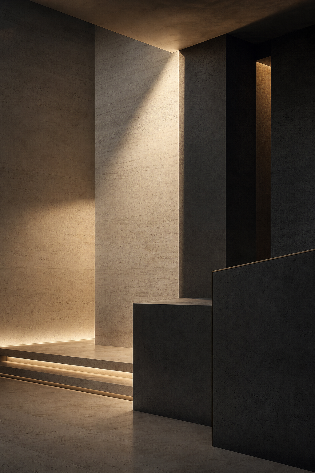 Cinematic architectural composition of warm ivory stone and matte charcoal concrete planes, shaped by soft directional light in a refined editorial style