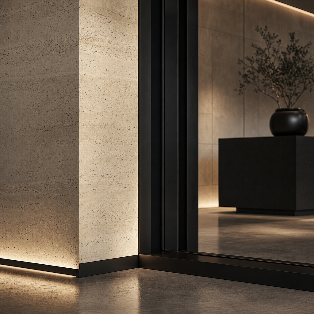 Refined interior detail with stone surfaces, matte charcoal framing, and soft directional light in a high-end commercial space