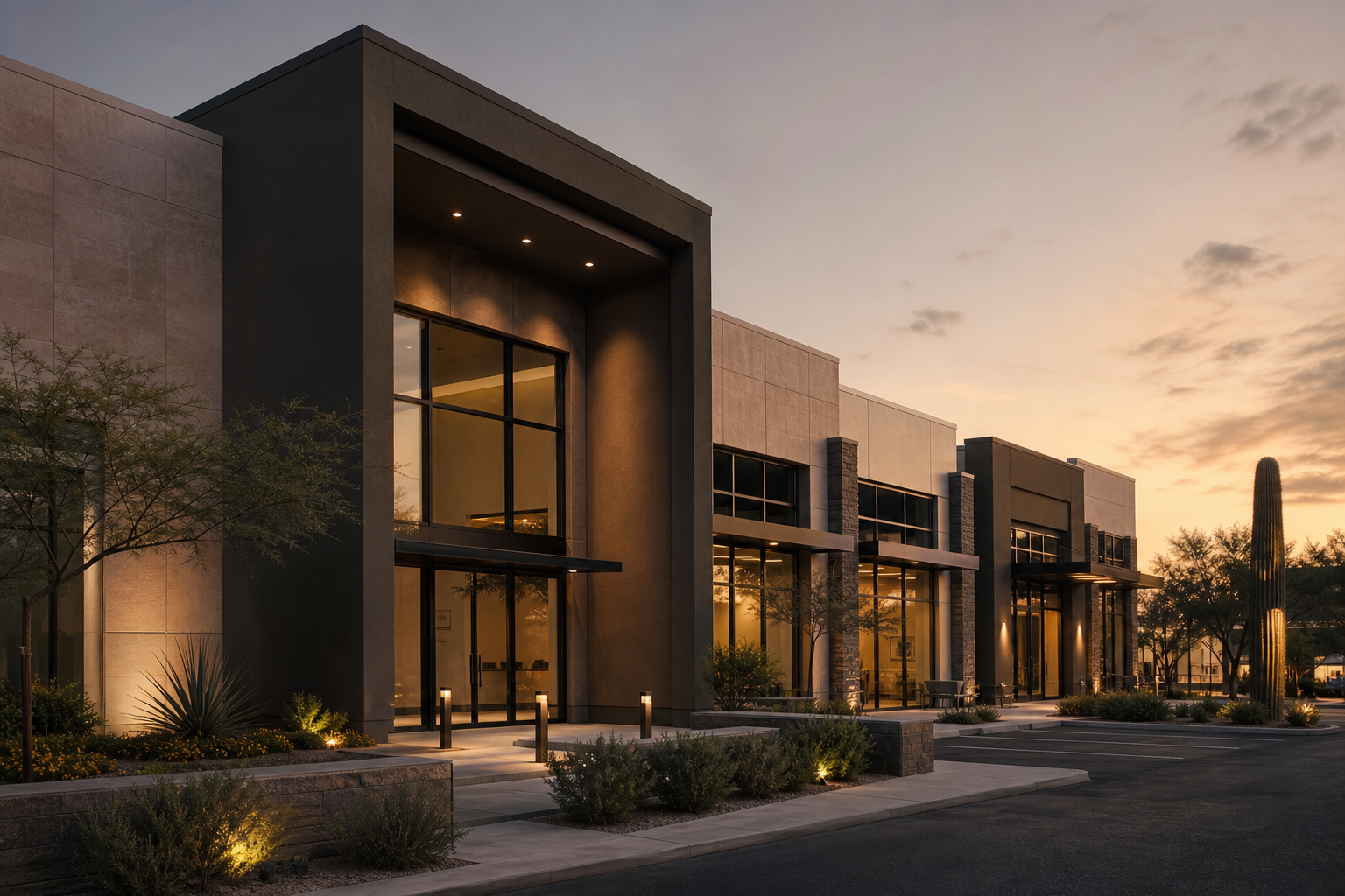 Cinematic view of Arizona commercial development with structured lines, warm evening glow, and premium real-estate atmosphere