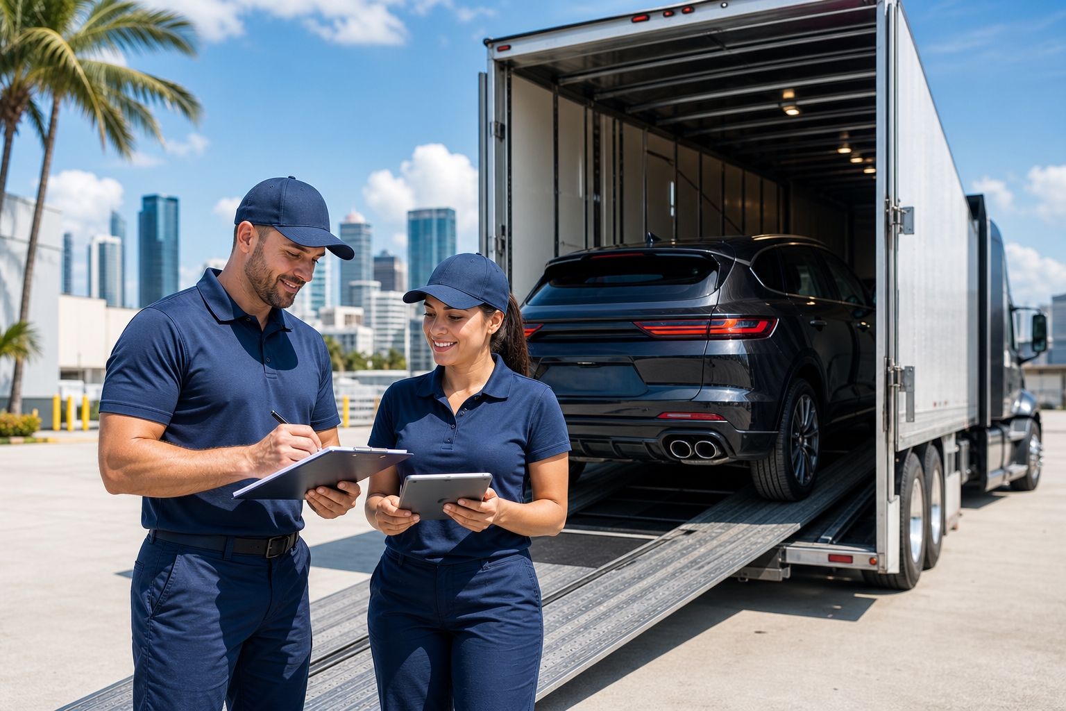 Professional auto transport team coordinating a vehicle shipment in Miami with a modern carrier truck