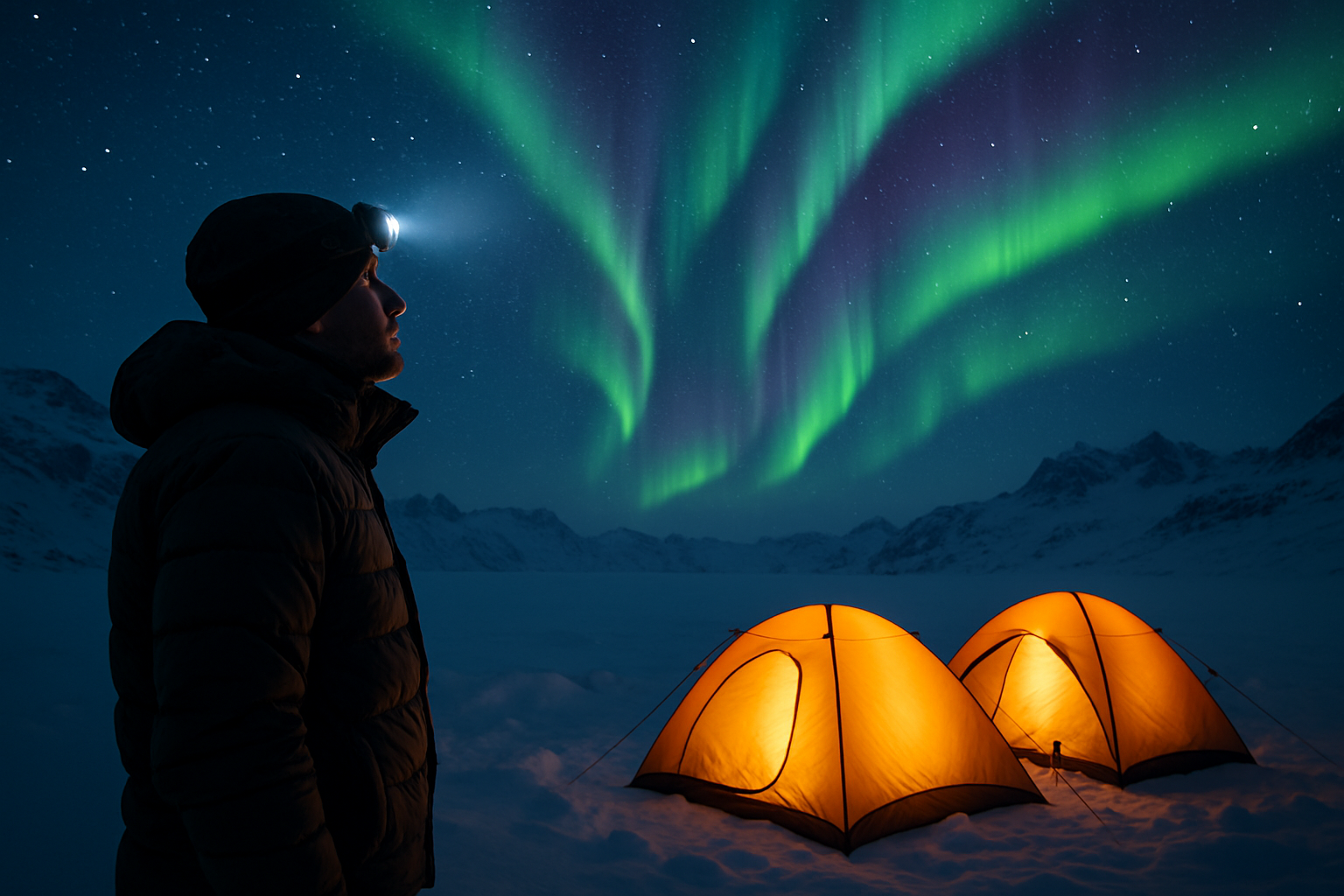 Traveler under northern lights