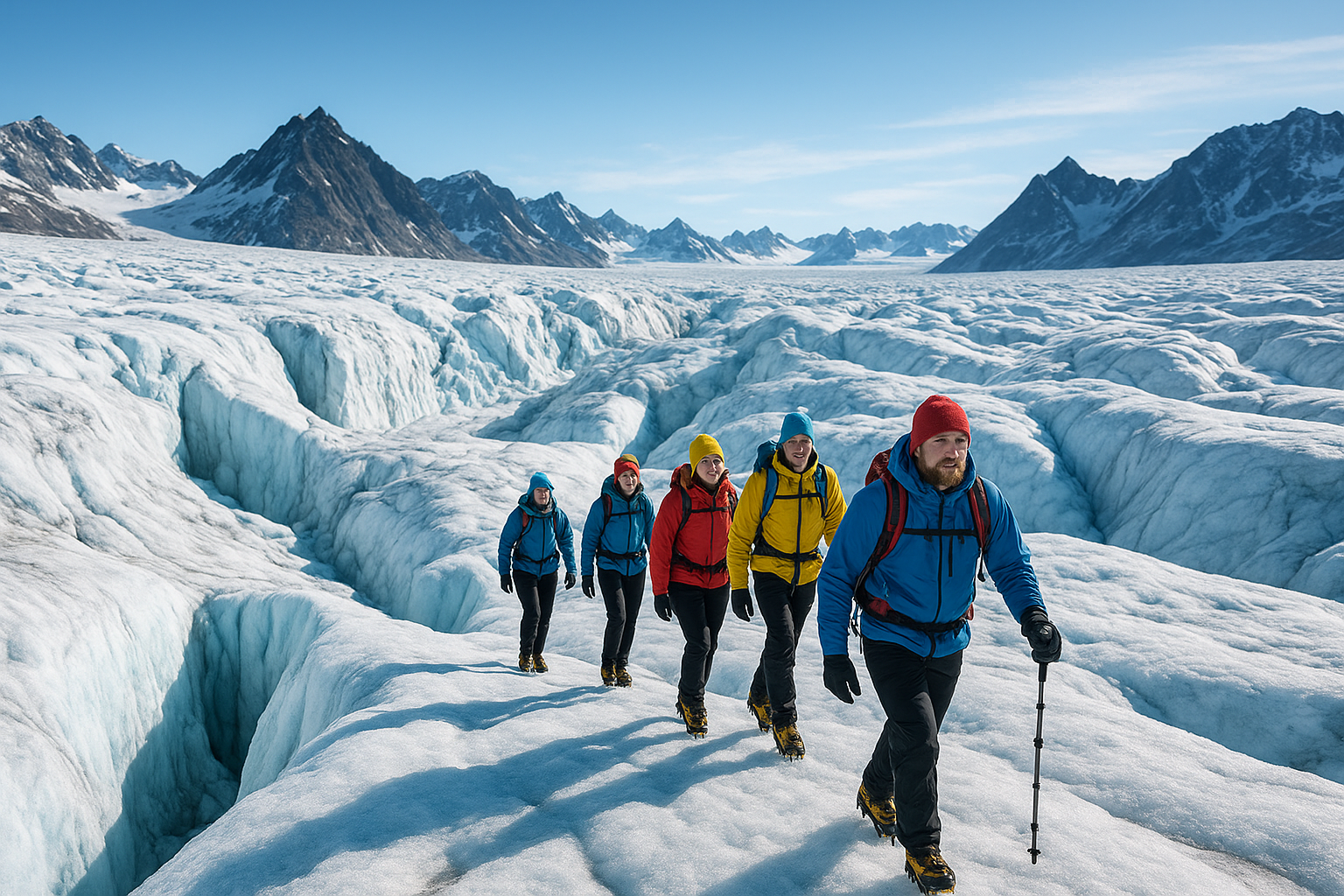 Guided glacier hike with explorers on a vast ice field