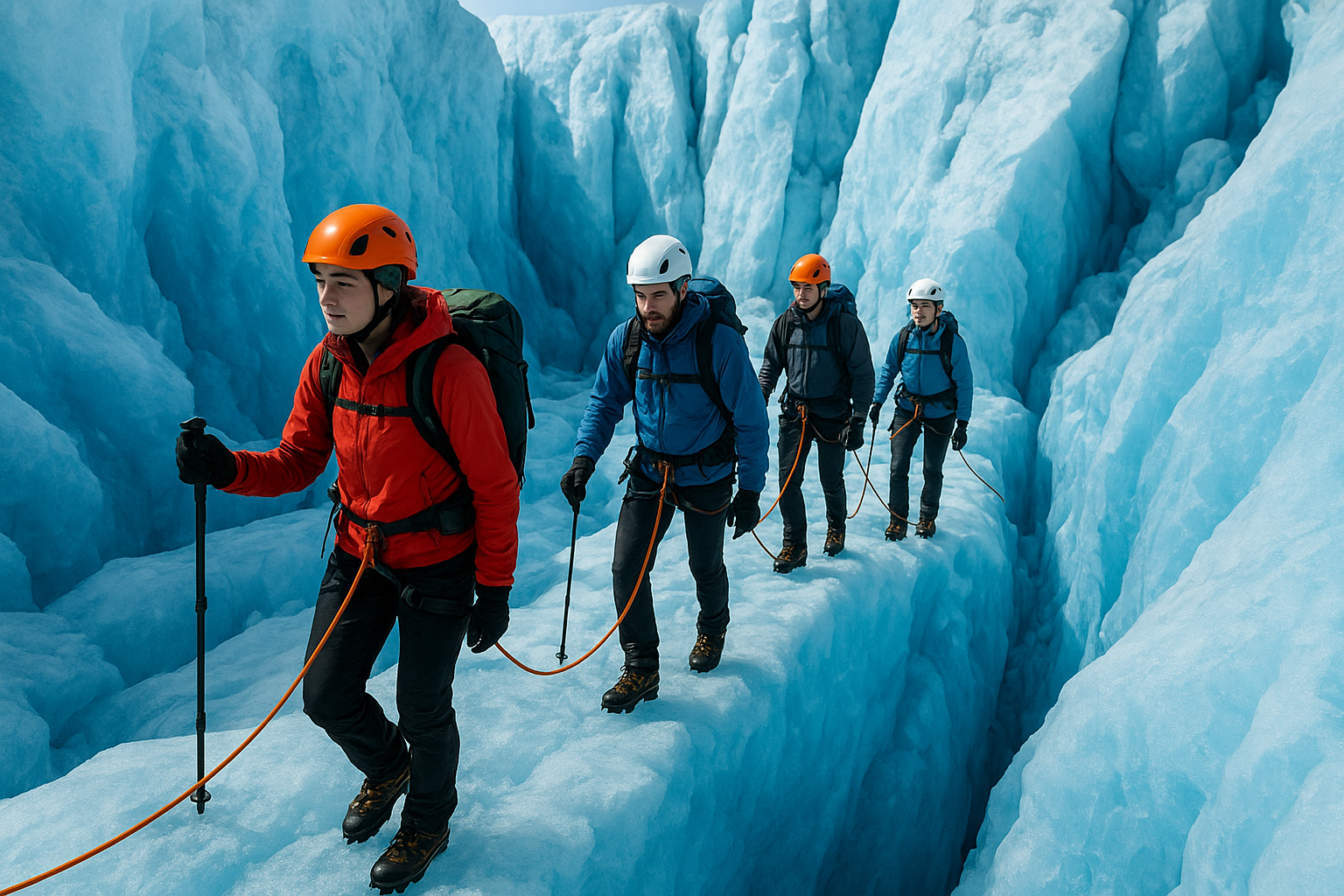 Small group of explorers roped together crossing a blue glacier in Greenland
