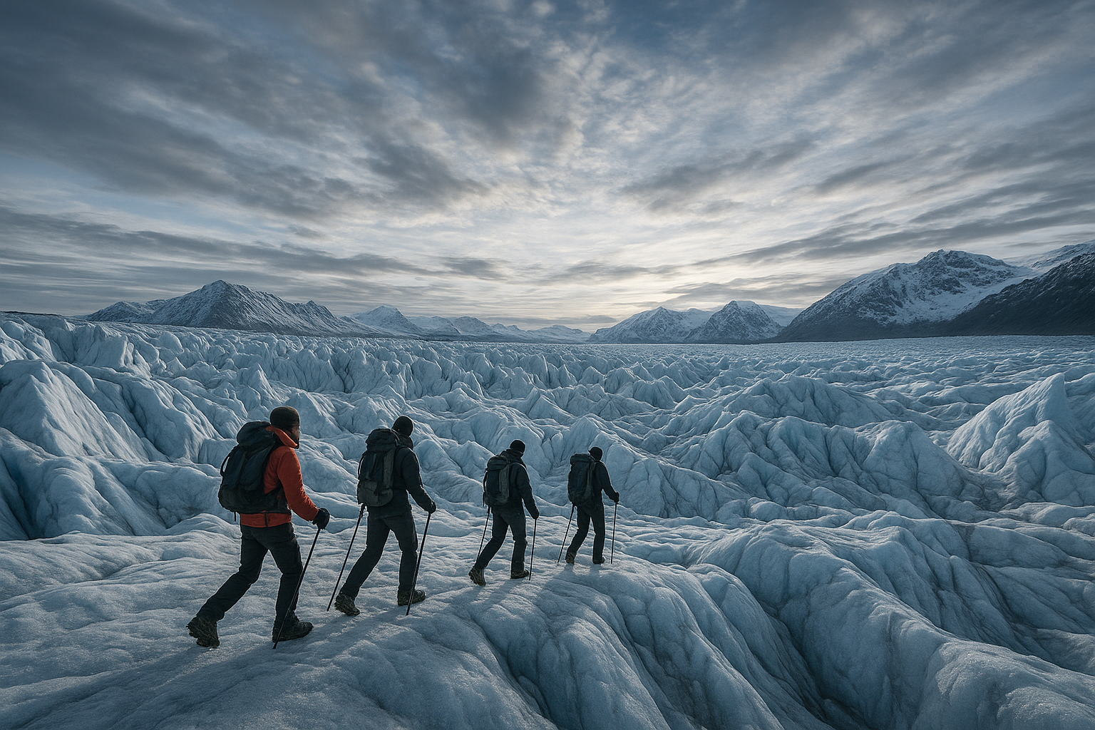 Explorers trekking across Greenland’s icy landscape