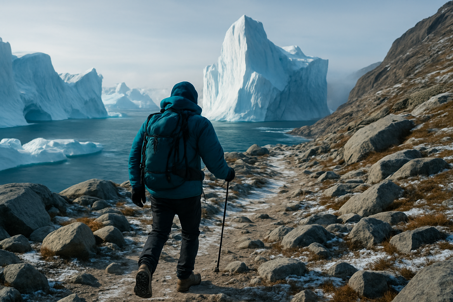 Hiker on an icefjord trail