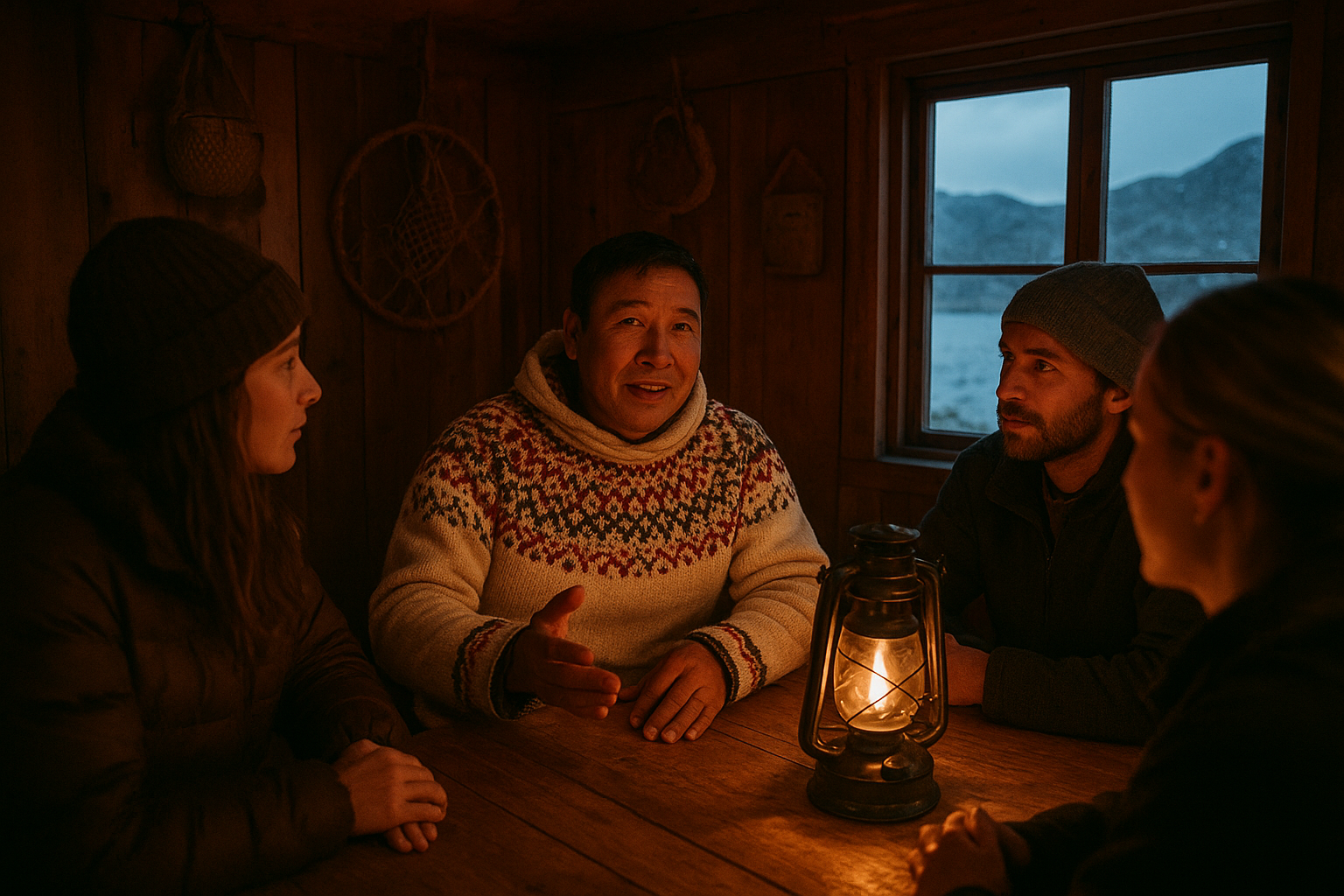Local Greenlandic guide sharing stories with travelers in a cozy setting
