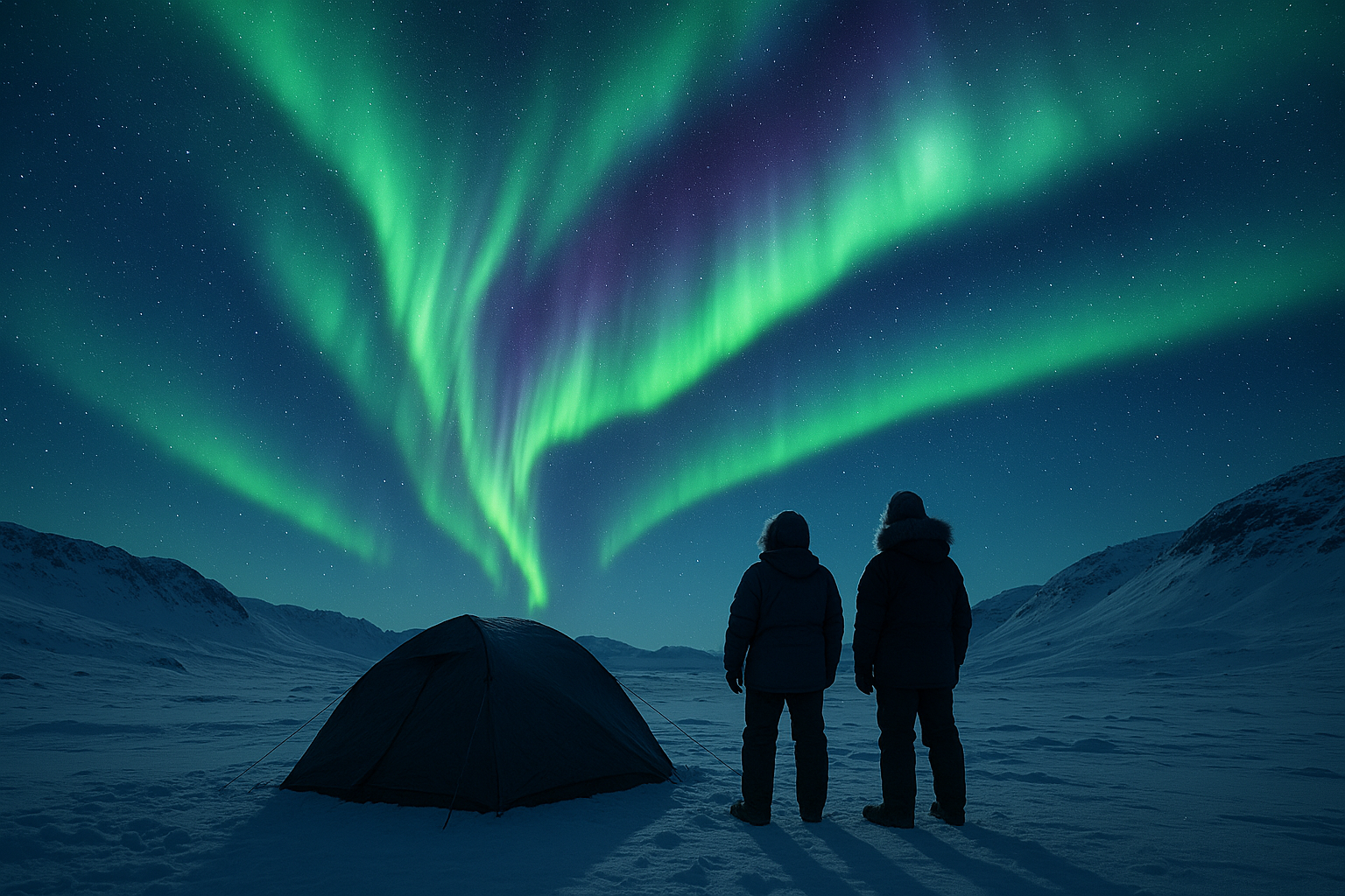 Northern lights above a snowy camp with explorers watching