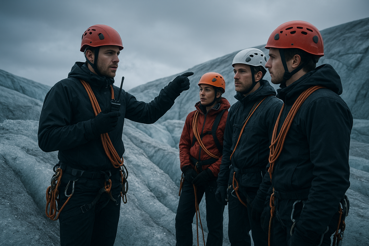 Expedition team on icy terrain with safety gear and guides