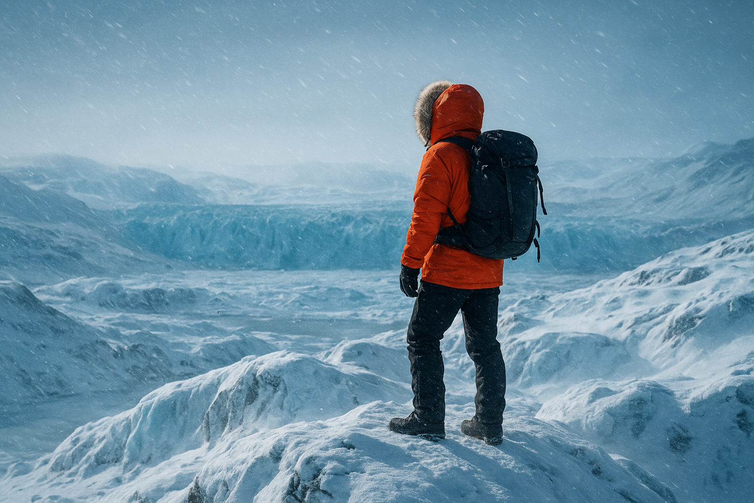 Solo explorer standing on a Greenland ice ridge with snow blowing in the wind