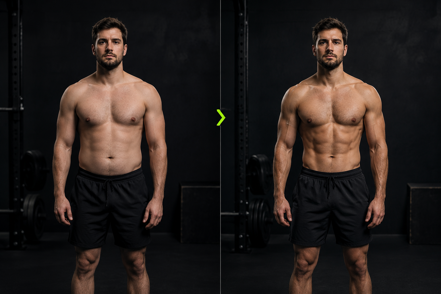 Realistic side-by-side fitness progress portrait of an adult man in a charcoal training studio, showing a softer starting physique and a leaner, stronger appearance after consistent training; same pose and clothing, dramatic directional lighting, respectful and natural.