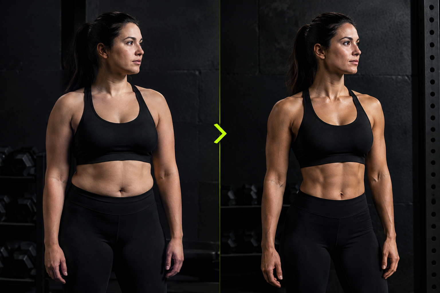 Respectful before-and-after style fitness progress image of an adult woman in a black athletic top against a dark gym wall, visibly stronger posture and increased muscle definition after consistent training, matching framing and realistic dramatic side lighting.