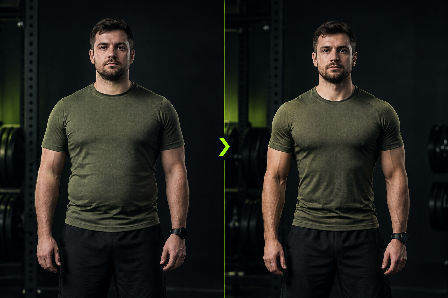 Realistic side-by-side body transformation portrait of an adult man with a stockier build in a muted olive training shirt, showing a more athletic waist and stronger shoulders after a consistent program, same stance, honest proportions and cinematic gym lighting.