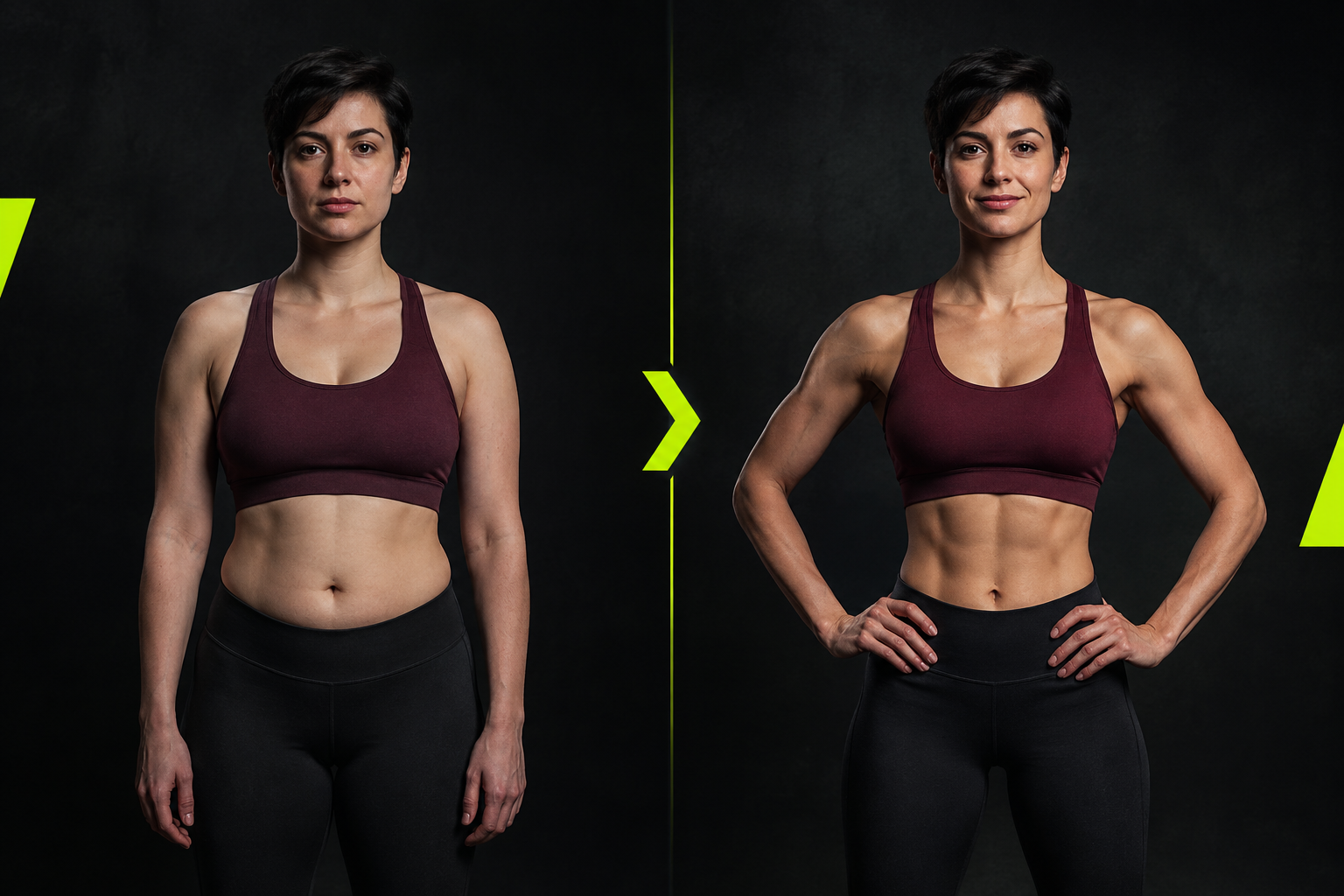 Respectful before-and-after fitness progress portrait of an adult woman with a short dark haircut wearing a deep burgundy sports top, showing improved muscle tone and confident posture after regular training, comparable pose, realistic body proportions and dramatic studio lighting.