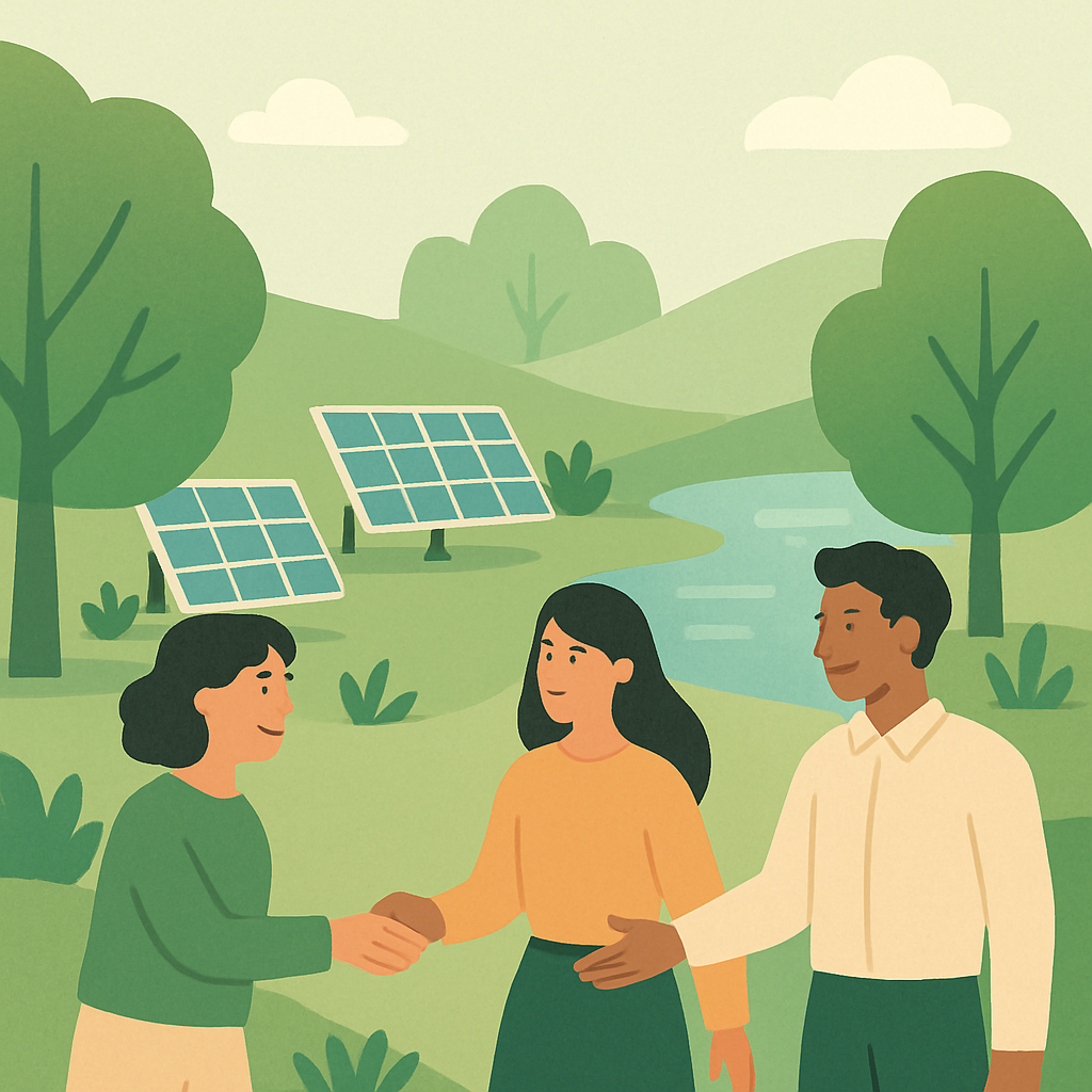 Welcoming eco-friendly scene with people and nature, modern and clean style