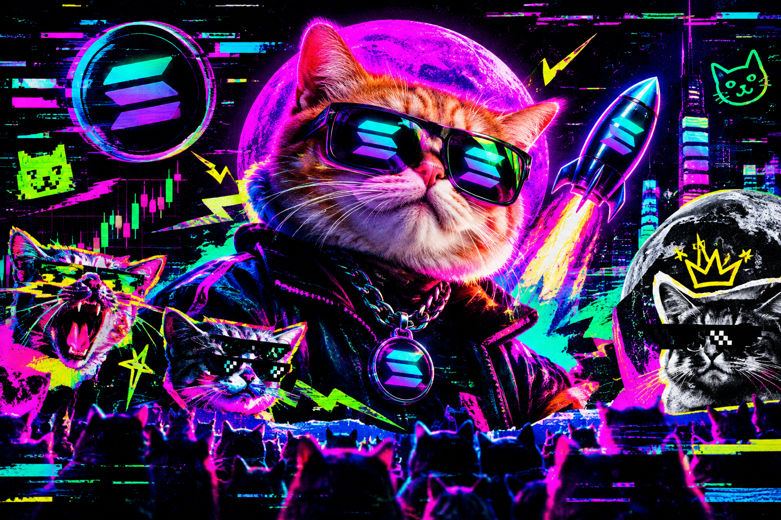 Wide horizontal neon meme launch poster with cat-themed chaos motifs, Solana-inspired visual rhythm, glitch lines, and pre-launch hype styling