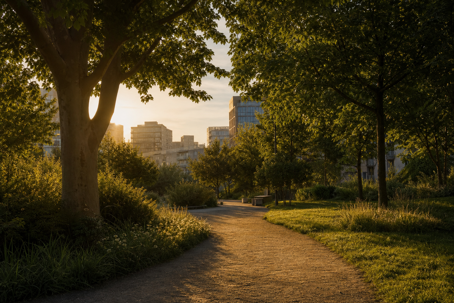 Städtischer Park am frühen Abend, weiches Licht zwischen Bäumen, ruhiger Weg mit Blick auf dezente Architektur