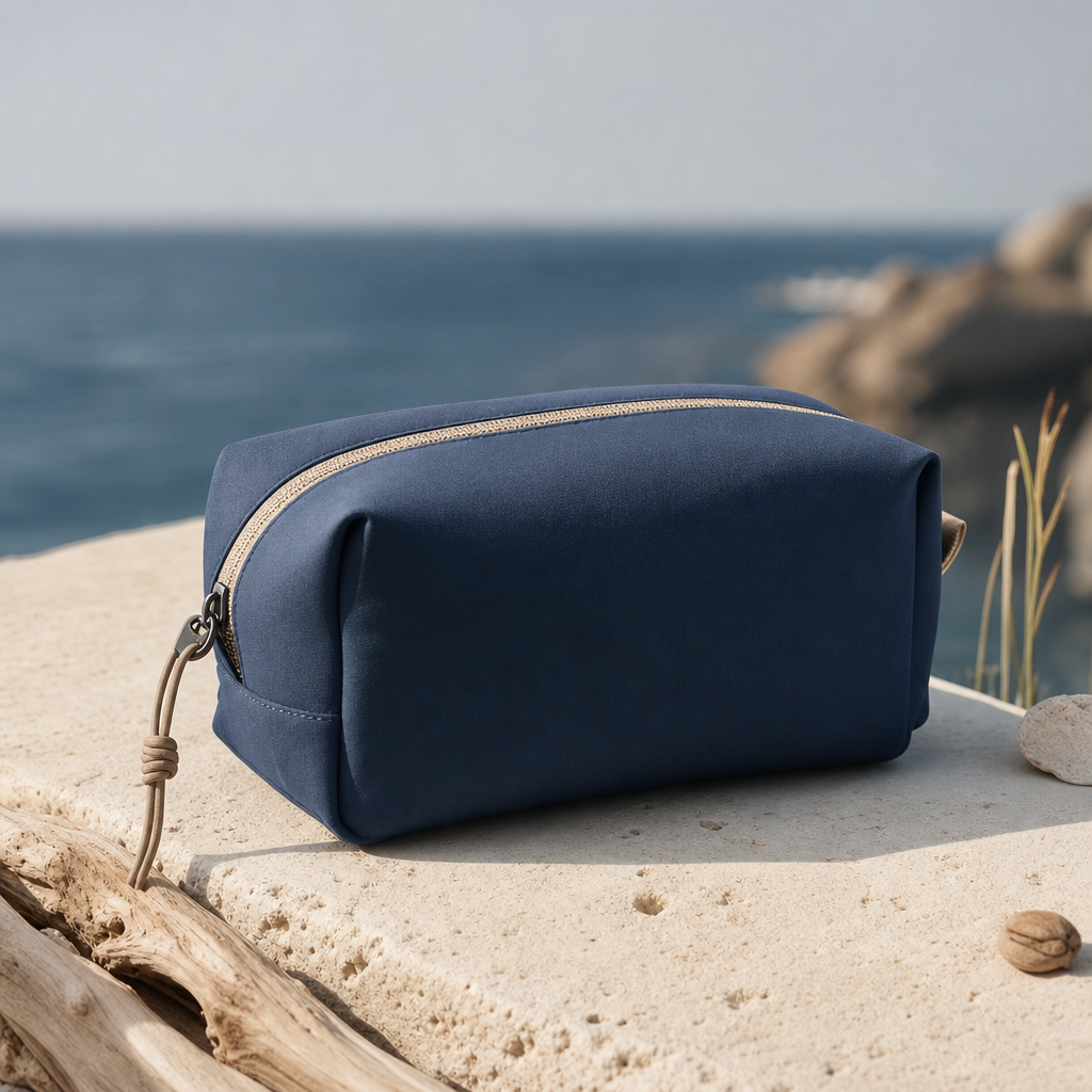 SoulShore DRIFT Pouch in tiefem Ozeanblau mit feiner, matter Textur und sandfarbenem Zipper, kompakt und weich strukturiert