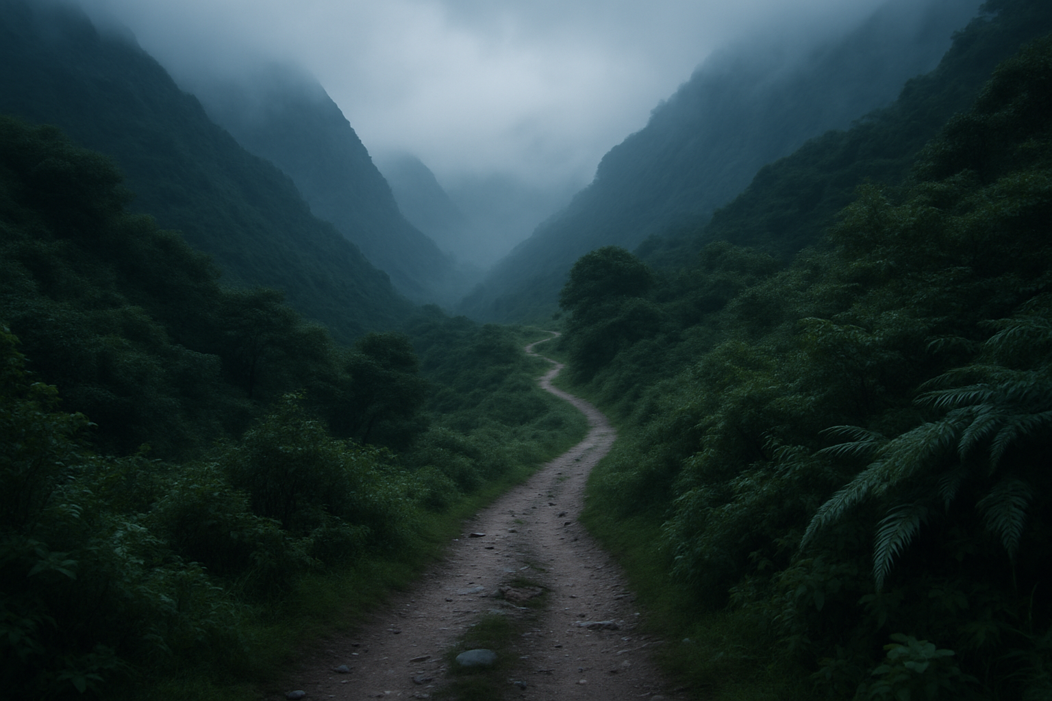 Sendero de trekking con niebla suave y montaña