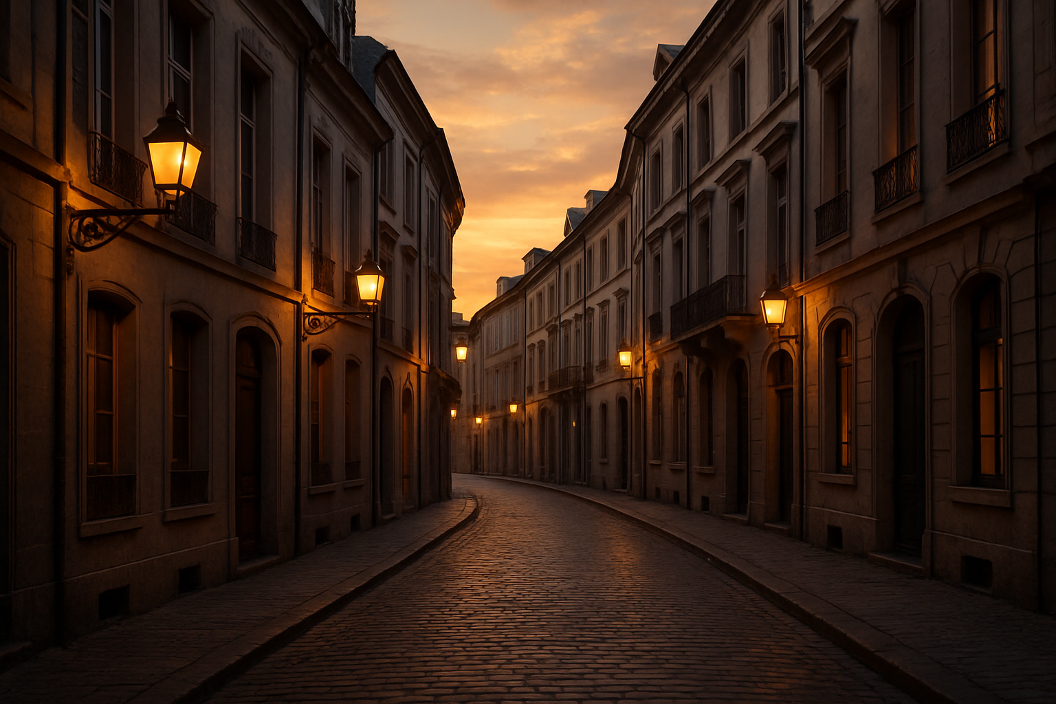 Calle europea pintoresca al atardecer con luces cálidas