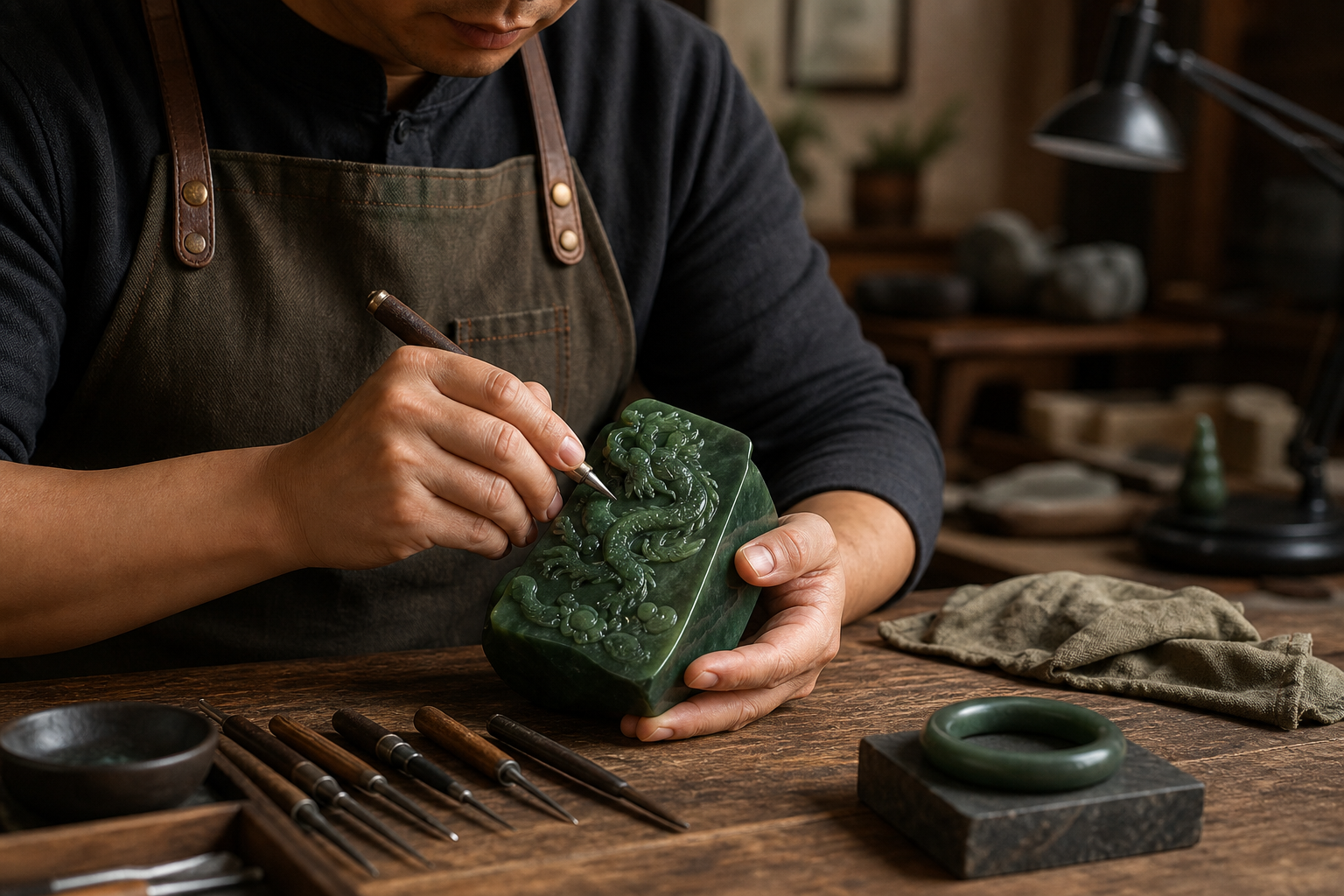 artisan holding a partially carved deep green jade piece on a wooden workbench with fine carving tools and soft studio light
