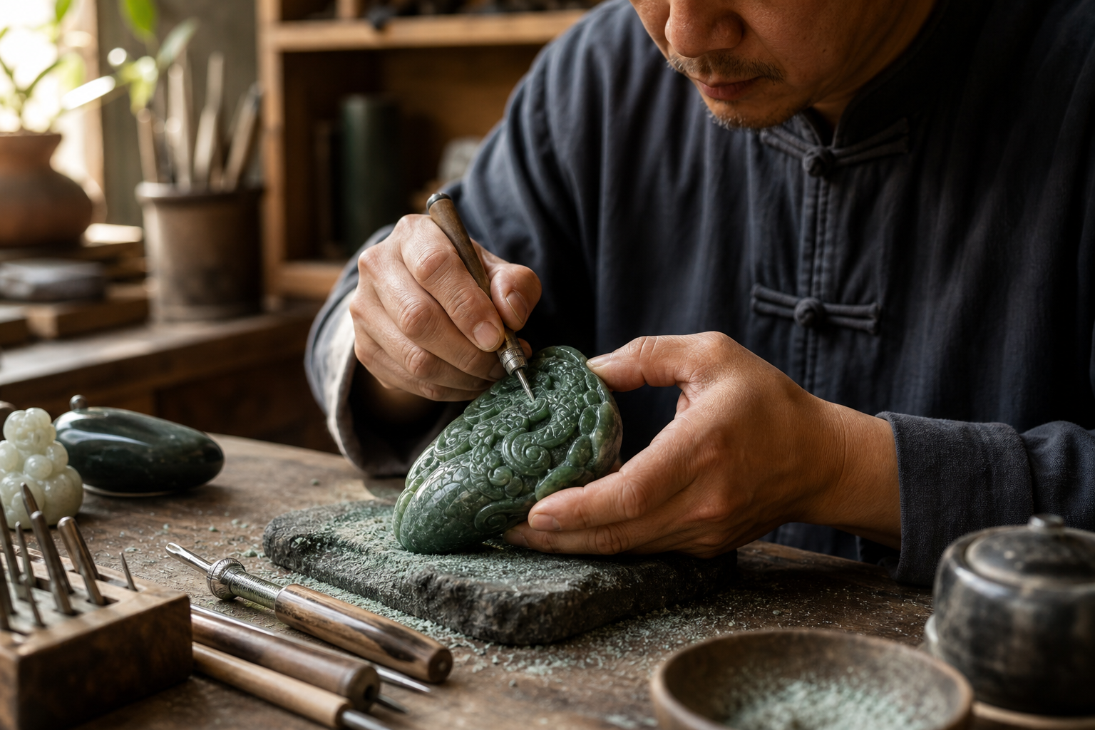 Artisan carving a deep green jade piece by hand in a warm, wood-toned workshop