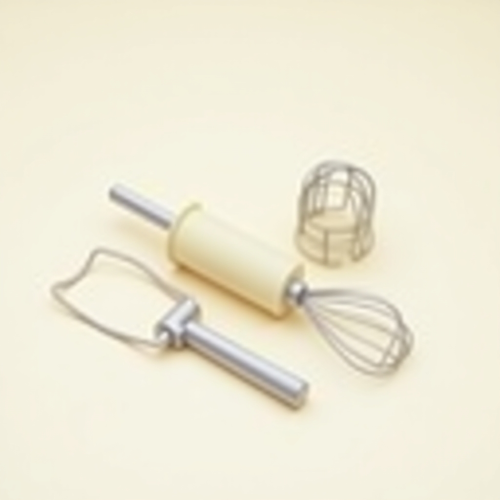 3D render of Pasta Essentials bundle: pasta roller, dough hook, flat beater grouped on clean background