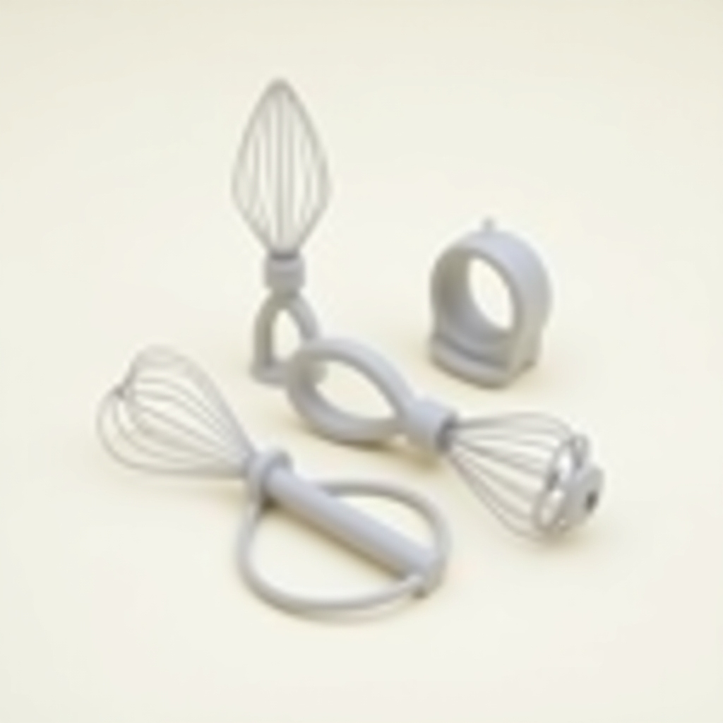 3D render of Pro Chef Kit bundle: dough hook, flat beater, whisk, meat grinder head grouped on clean background