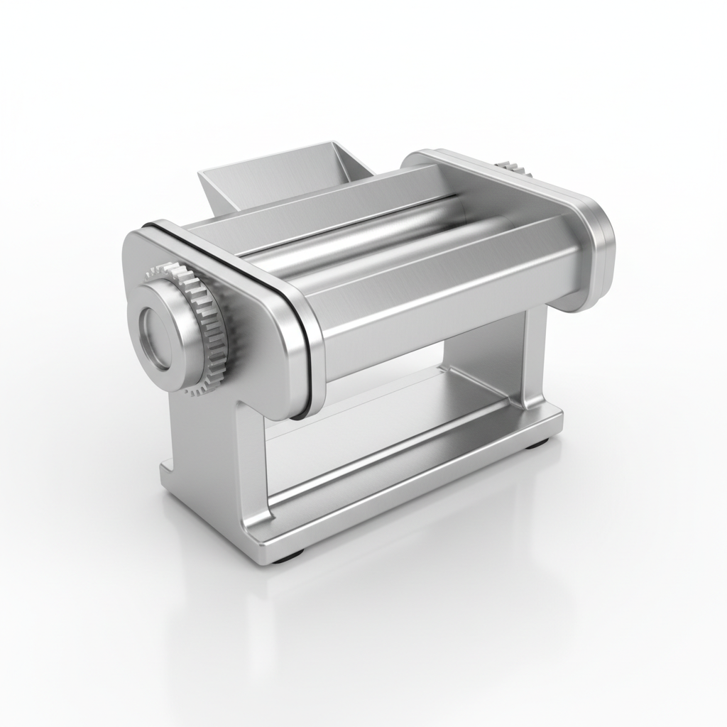 3D angled render of stainless steel pasta roller attachment