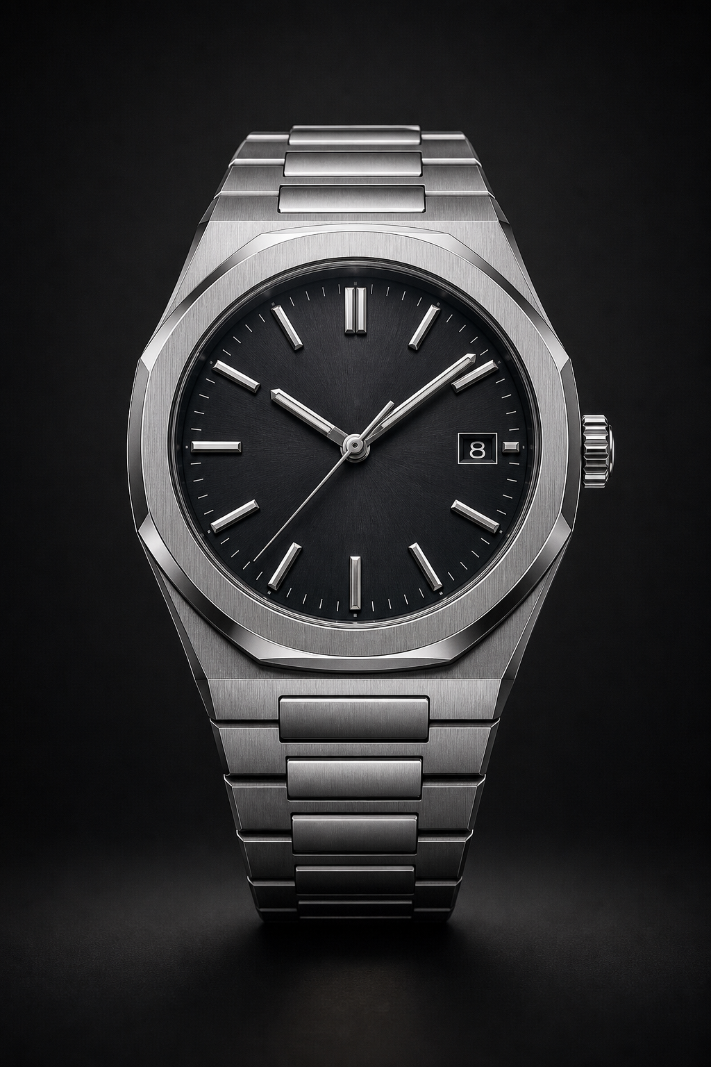 Front-facing luxury mechanical watch with brushed steel case, midnight charcoal dial, polished baton indices, and integrated steel bracelet under soft studio lighting