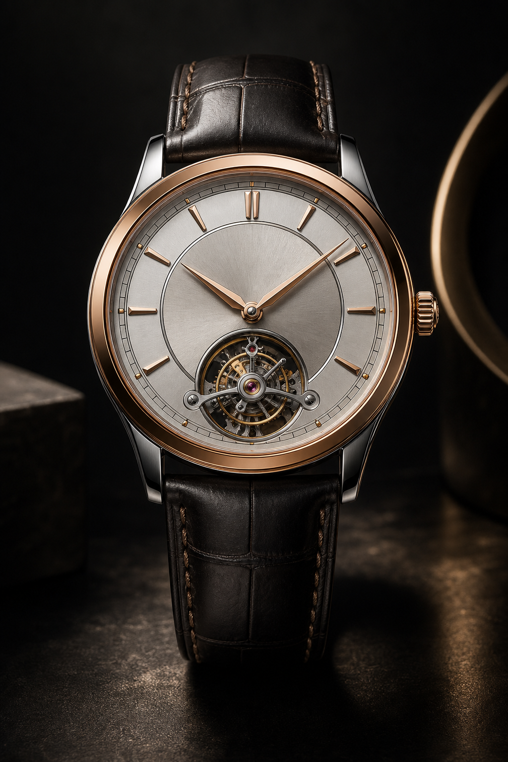 Front-facing haute horlogerie tourbillon watch combining platinum middle case with rose gold bezel, silver sector dial, and hand-stitched leather strap
