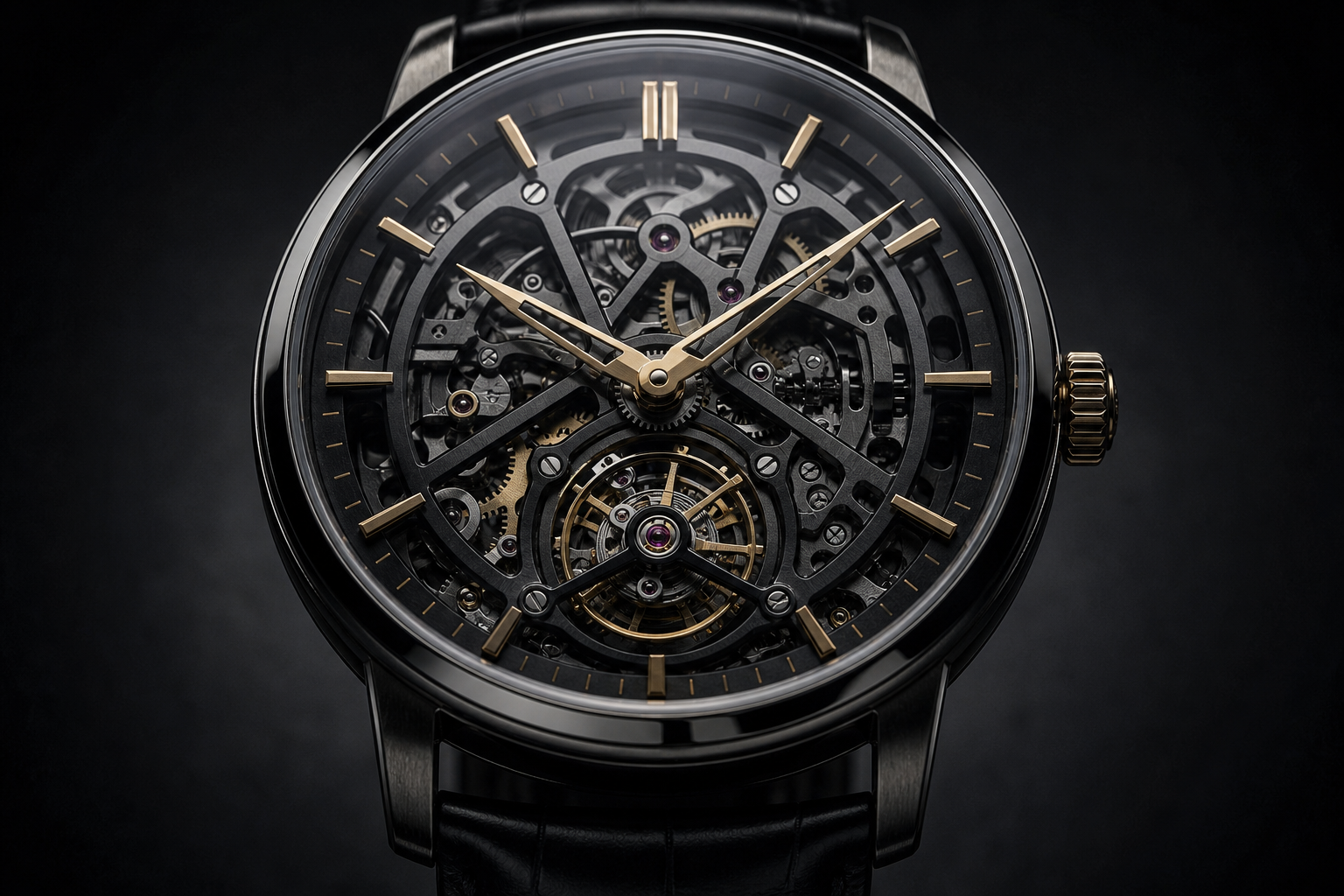 Macro front view of the Atelier Noir Skeleton watch dial with charcoal open-work bridges and polished gold hands