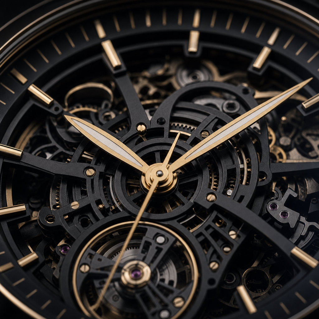 Macro front view of the Atelier Noir Skeleton watch dial with charcoal open-work bridges and polished gold hands