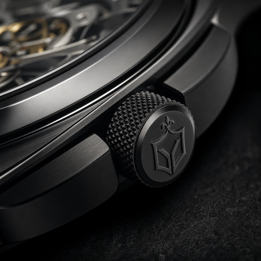Side macro detail of the Atelier Noir Skeleton crown with knurled black titanium edge and engraved crest