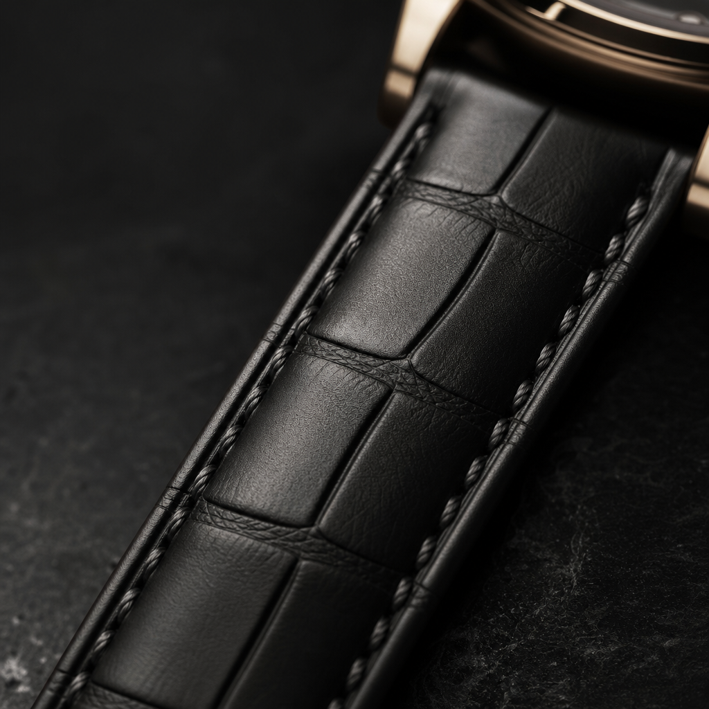 Close-up of the Atelier Noir Skeleton matte black alligator leather strap with hand stitching