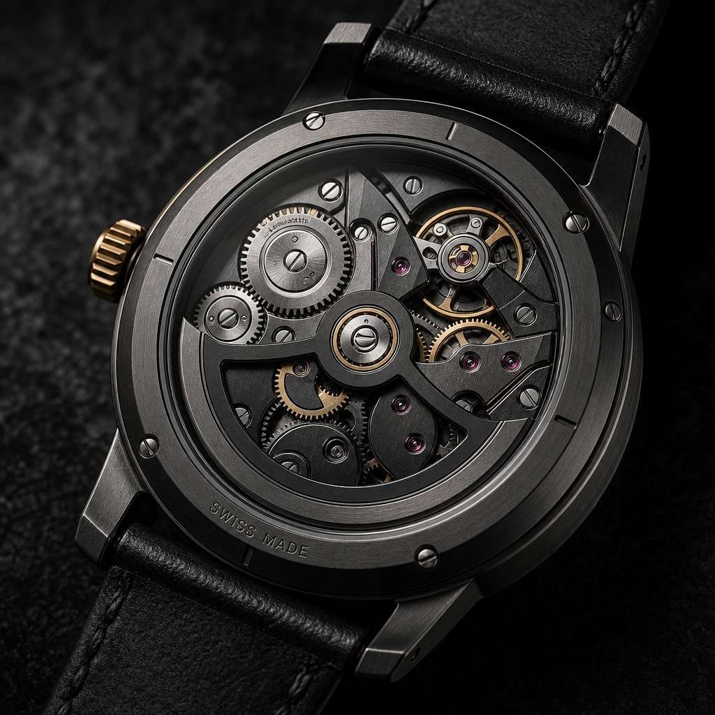 Rear sapphire caseback view of the Atelier Noir Skeleton movement showing hand-finished gears and dark ruthenium plates