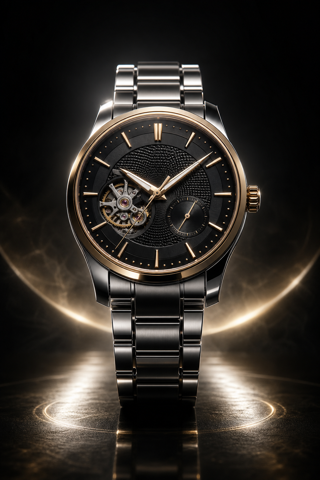 Premium mechanical wristwatch with polished steel bracelet, warm gold bezel accents, dark charcoal dial, and dramatic studio lighting