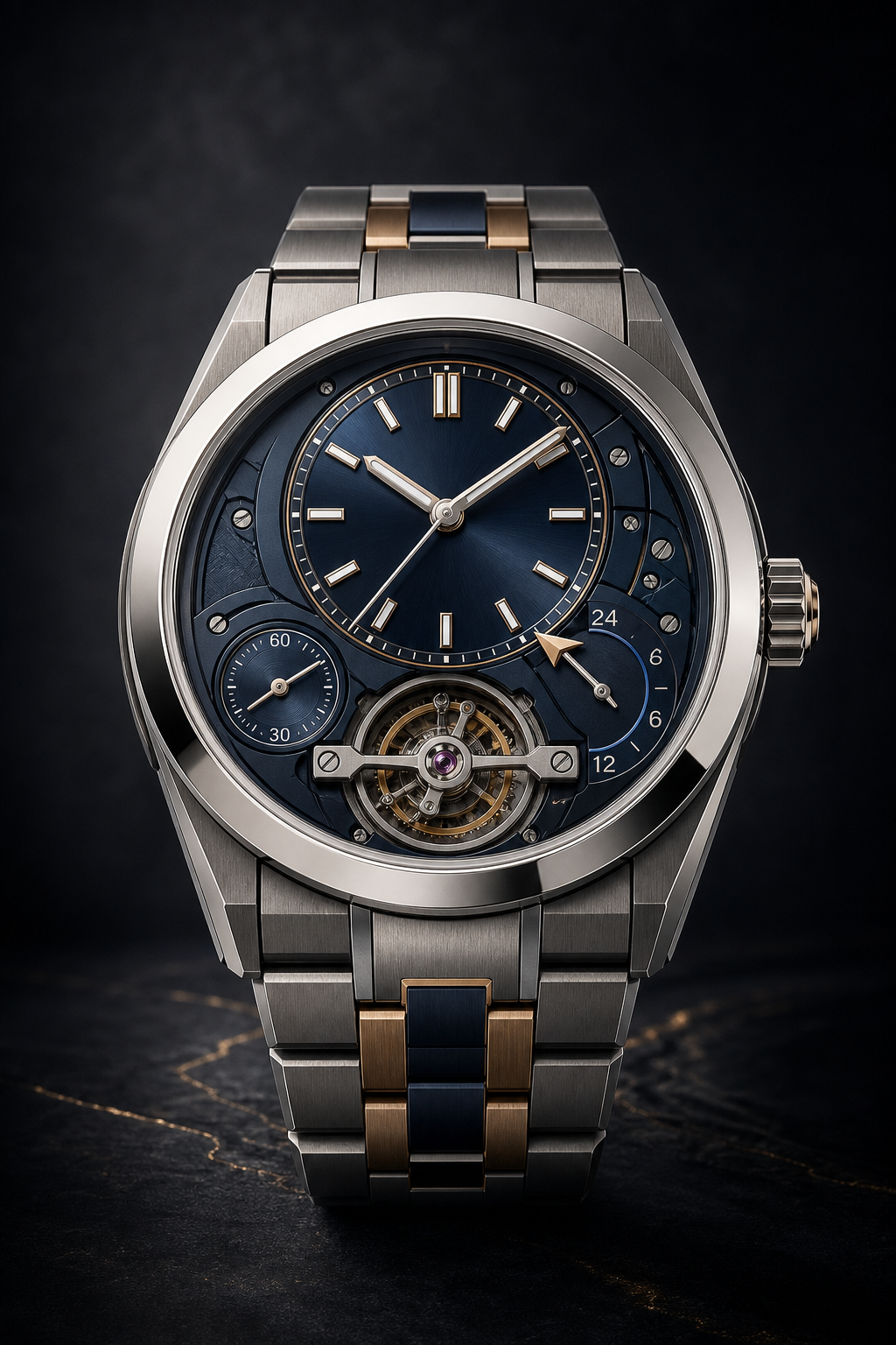 Front-facing luxury dual-time mechanical watch with white gold bezel, titanium case body, cobalt blue dial accents, and mixed-metal bracelet