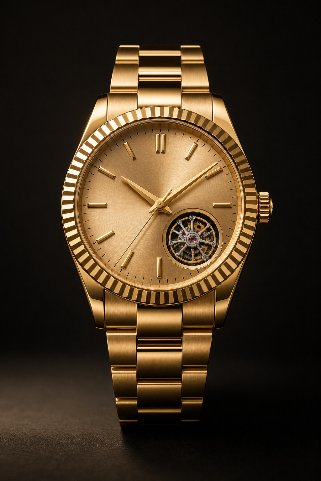 Front-facing collector watch in 18K yellow gold with champagne sunray dial, fluted bezel, and matching gold bracelet in warm cinematic light