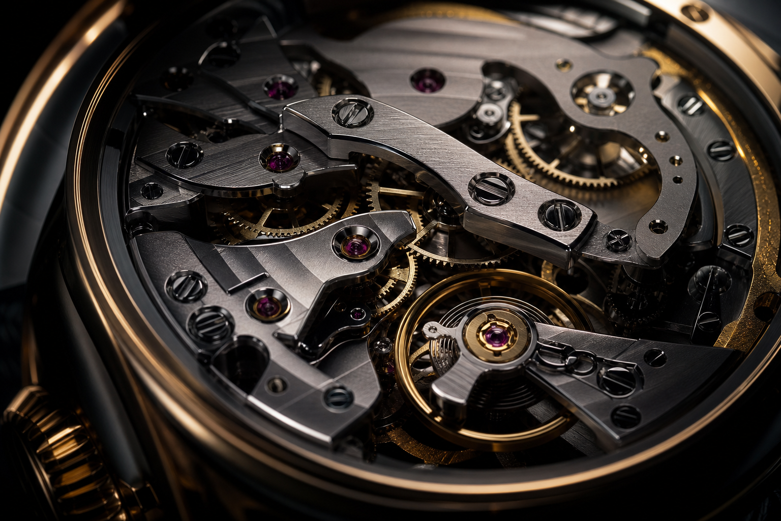 Macro view of a premium mechanical watch movement with polished bridges, visible gears, jewel bearings, and warm metallic reflections