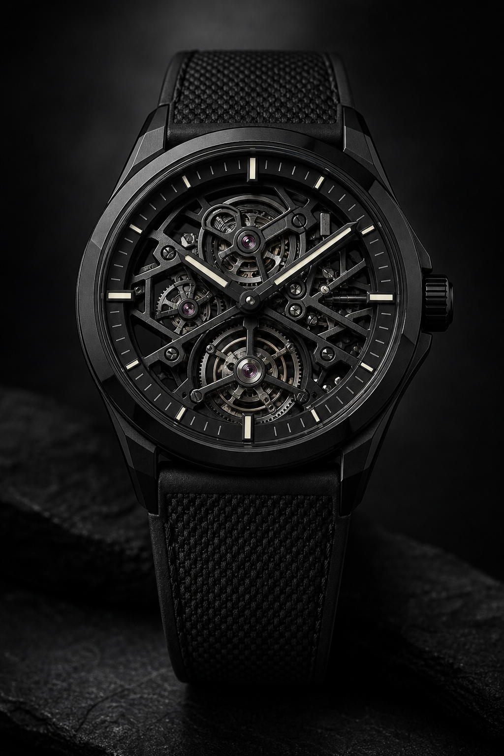 Front-facing high-end mechanical watch with matte black ceramic case, open-work dial revealing movement bridges, and black textured strap