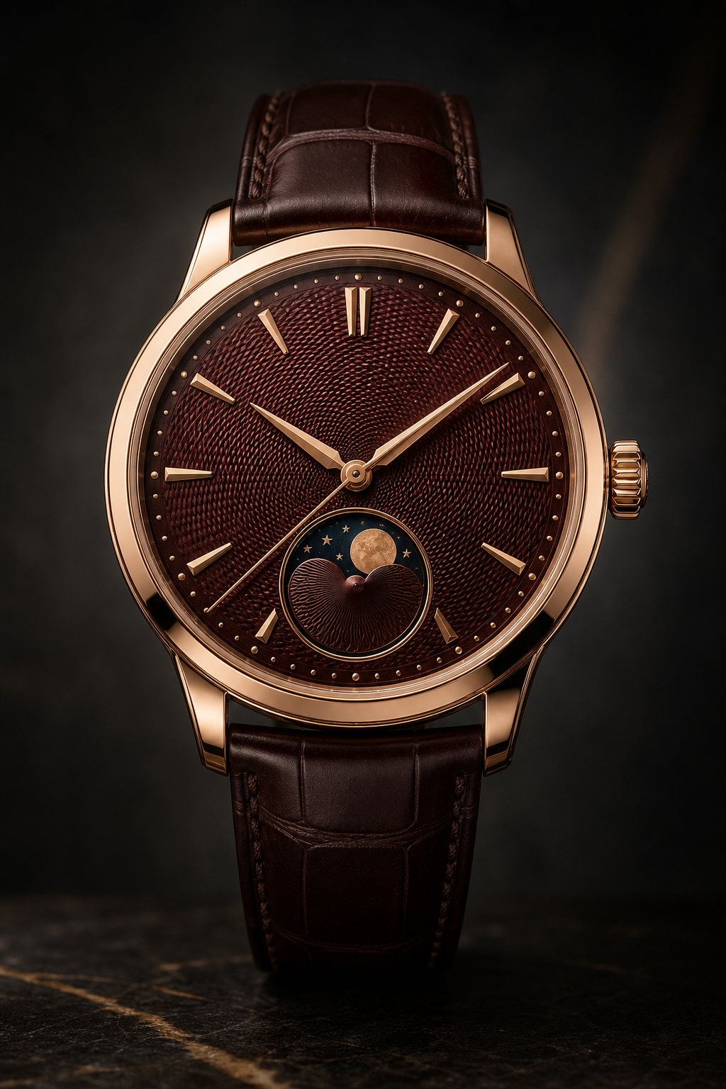 Front-facing premium moonphase watch in rose gold with deep burgundy guilloche dial, polished lugs, and brown alligator leather strap