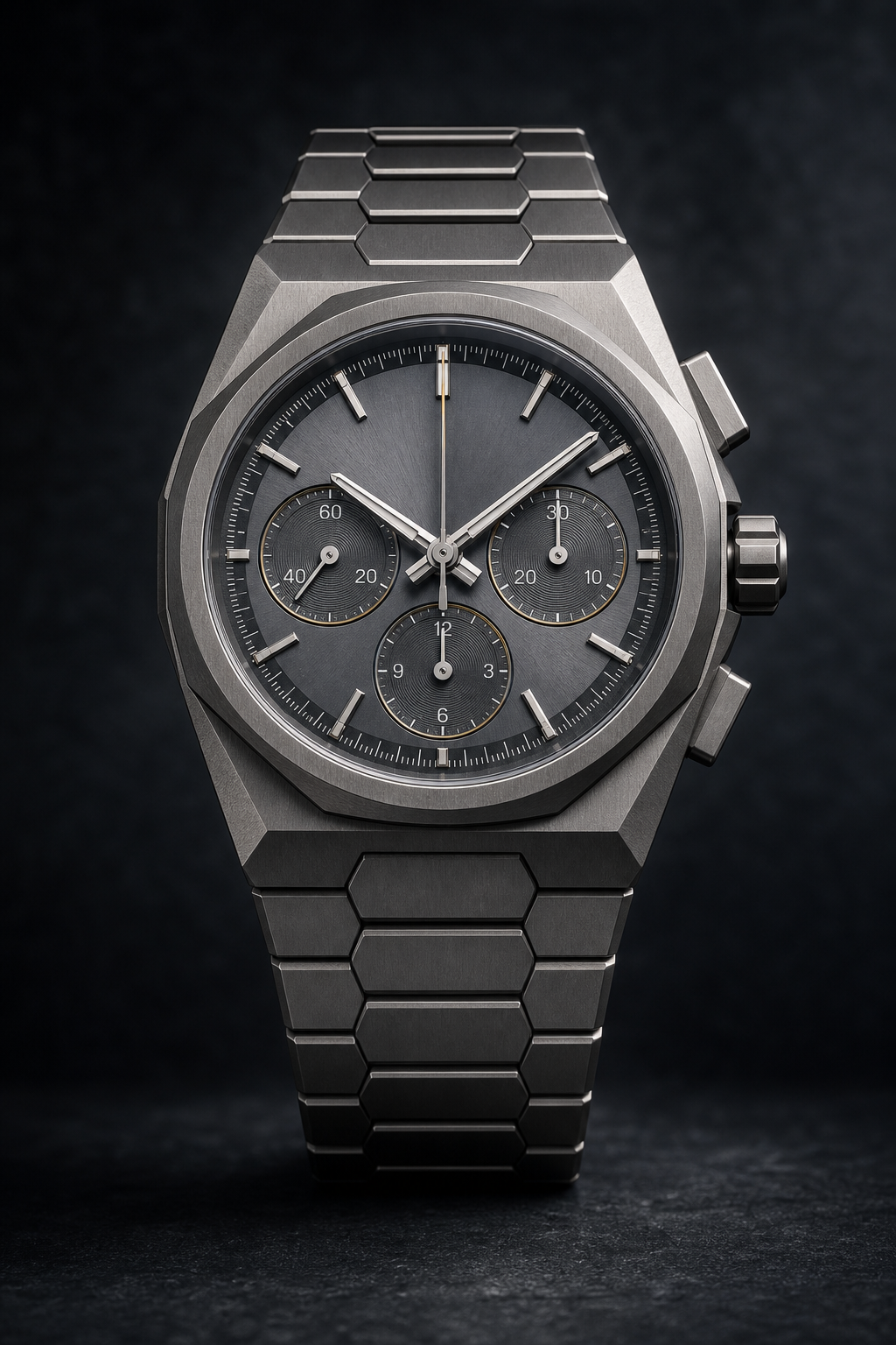Front-facing lightweight titanium mechanical chronograph with slate gray dial, angular brushed case, and technical titanium bracelet