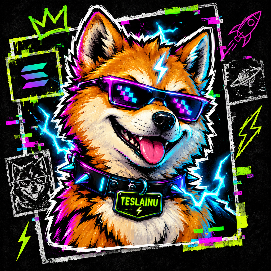 Sticker-style portrait of Tesla Inu, a wild cyber shiba mascot with electric sparks, glitch patches, and punk meme attitude