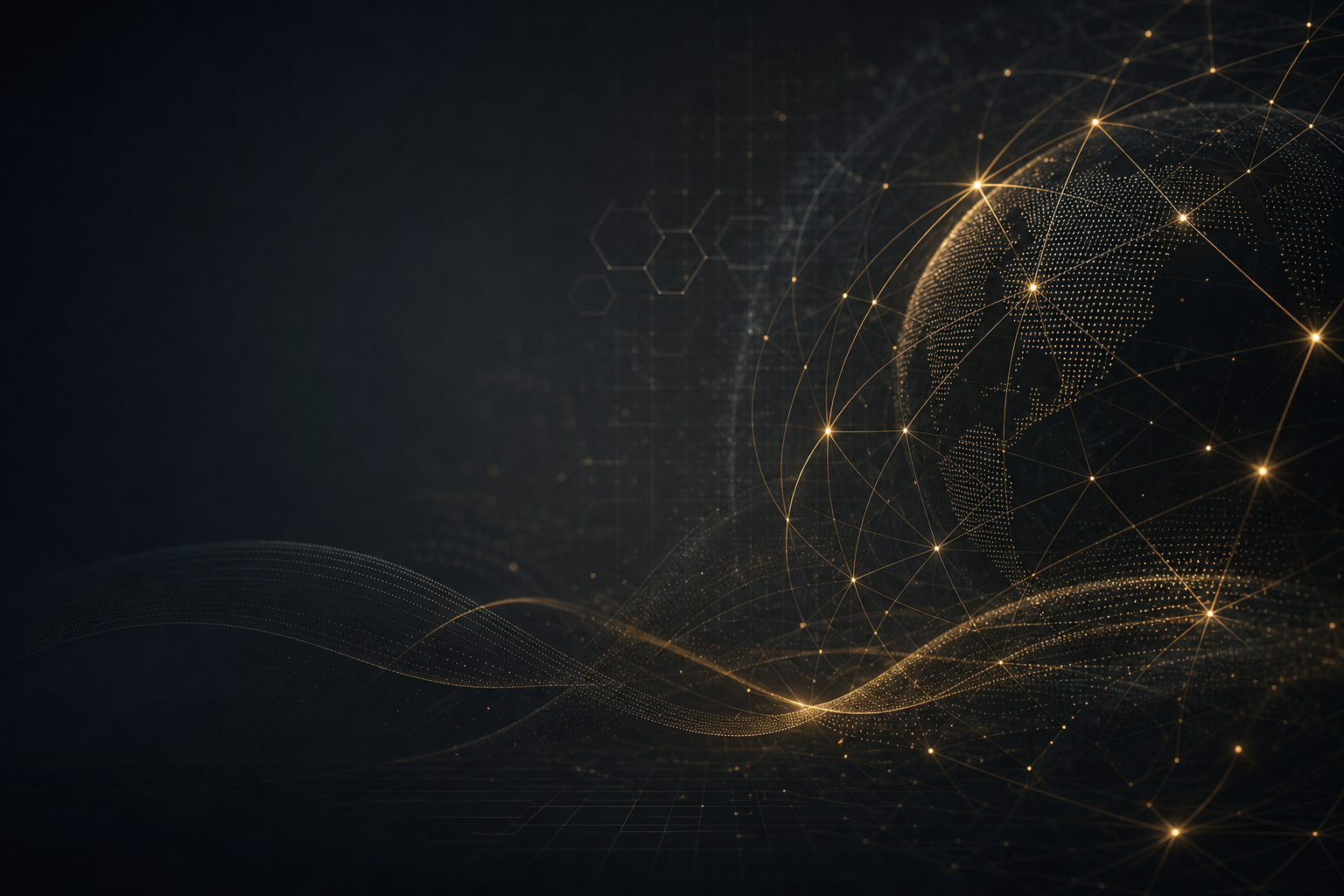 Abstract editorial technology background with dark network lines, subtle signal patterns, and soft ambient depth