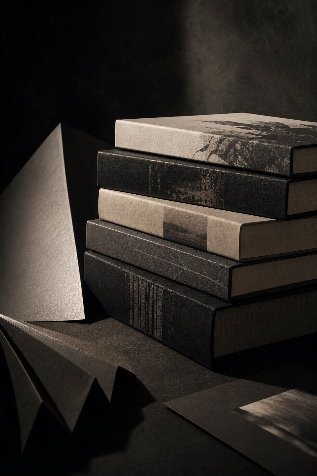 Book-centered editorial composition with stacked hardback volumes and structured paper forms on a dark studio table, lit with soft directional shadows for a cinematic literary mood