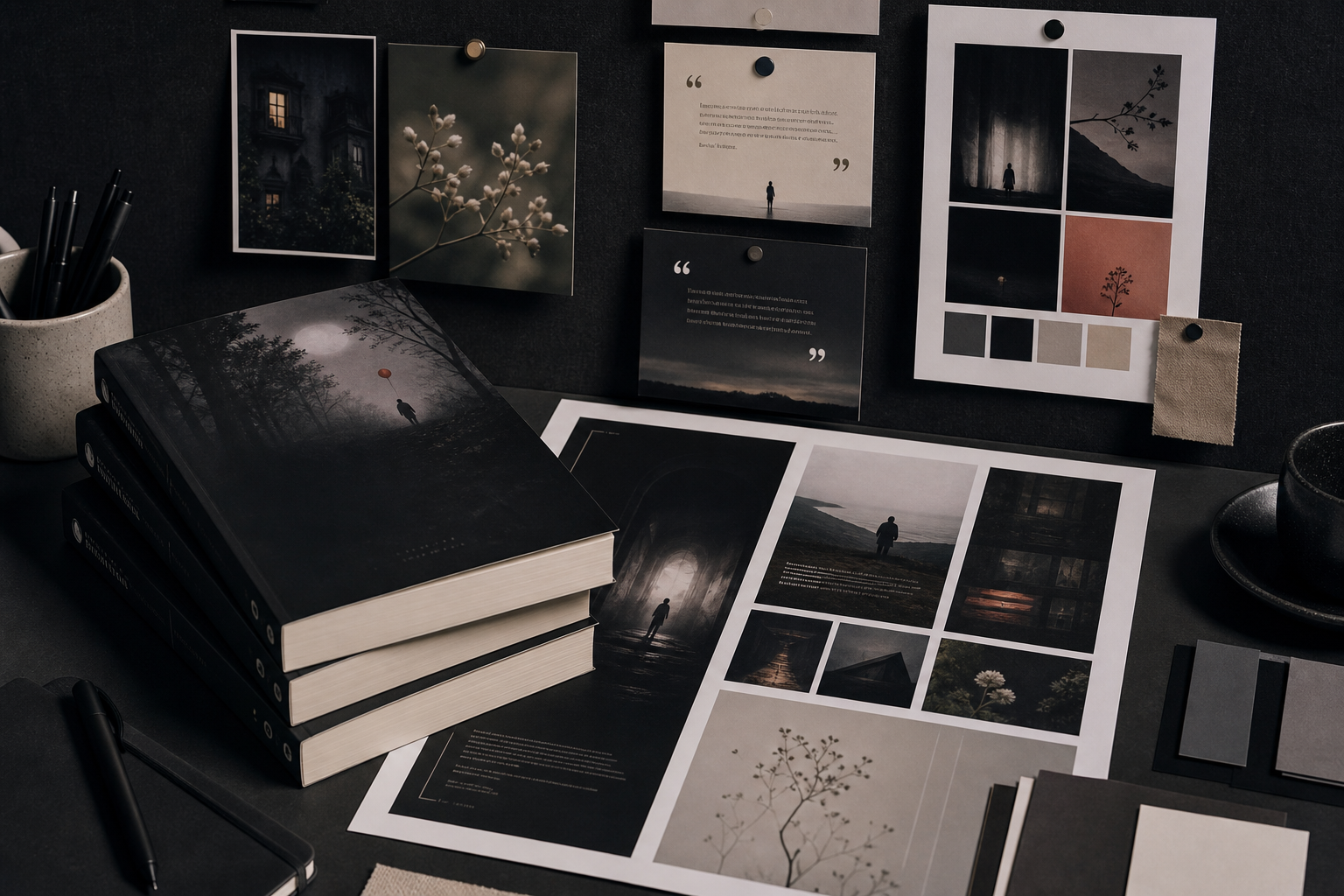 Creative campaign layout with stacked paperback editions, typographic poster proofs, and pinned reader engagement cards in a studio setting