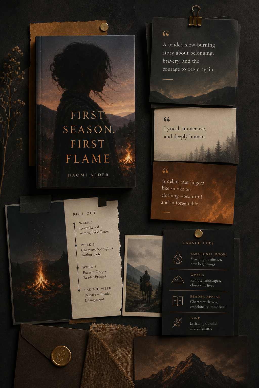 Portrait board for First Season, First Flame by Naomi Alder, mapping launch-day quote cards, timing notes, and campaign hierarchy