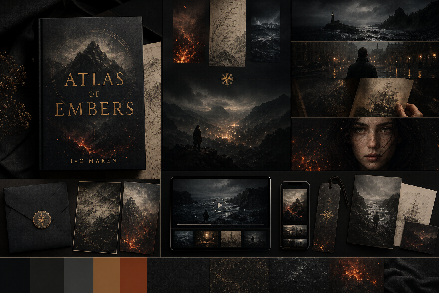 Wide project board for Atlas of Embers by Ivo Maren, combining cover treatments, discovery hooks, and campaign modules